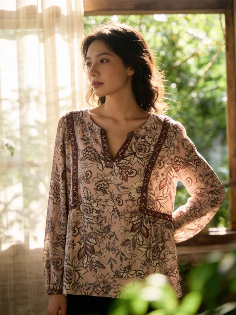 J.Jill Floral V-Neck Peasant Blouse Size L Tall Pink